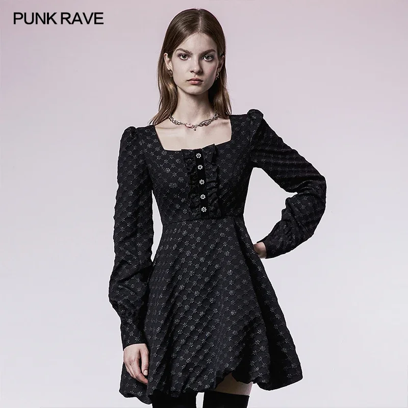 

PUNK RAVE Women's "Light Weight Waste Soil" Series Square Neck Playful Texture Floret Collect Waist Bud Sexy Black Dress A-LINE