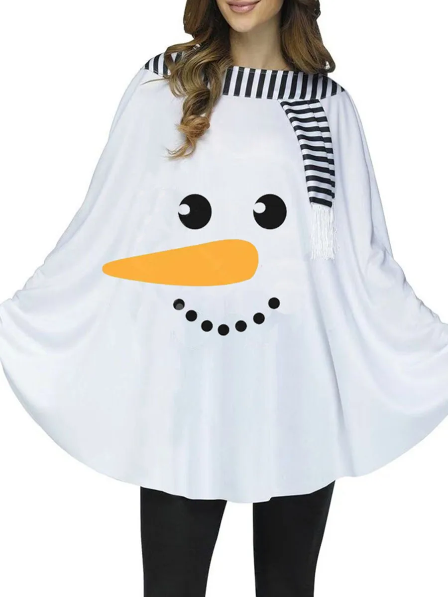 

New Women's Christmas Costume Cute 3D Print White Snowman Cloak Holiday Cape Cosplay Role Playing Party Costume