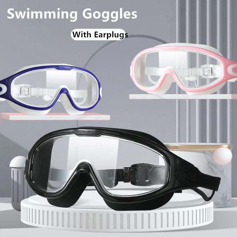 

Big Frame Swimming Goggles Adults with Earplugs Swim Glasses Men Women Professional HD Anti-fog Goggles Silicone Eyewear