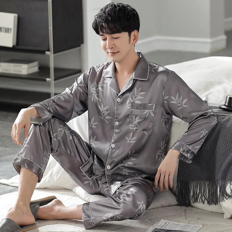 Spring Autumn Men's Simulation Silk Pajamas Long Sleeve Pants Oversized Loose Casual Home Clothing Set Printed Sleepwear