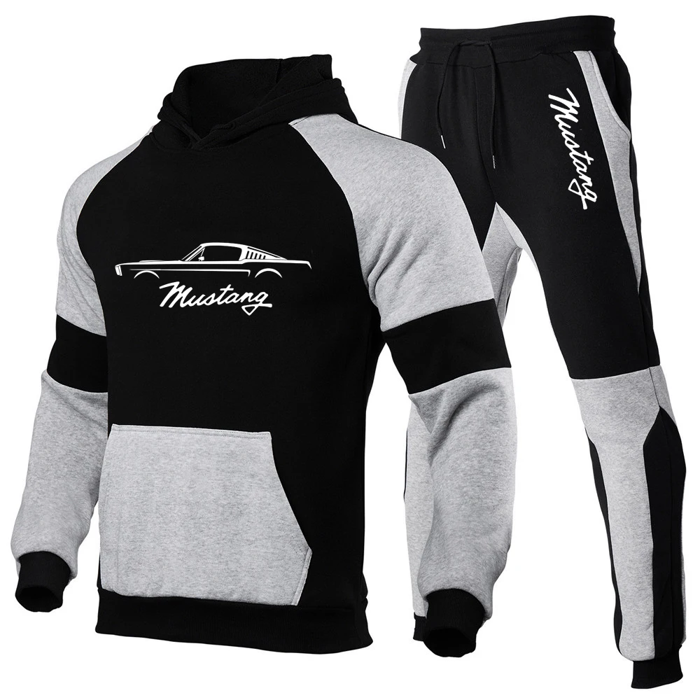 2023 Men New Mustang Car Logo Patchwork Men Tracksuit+Sweatpants Suit Autumn Winter Warm Sportswear Sets Hoodie Pullover