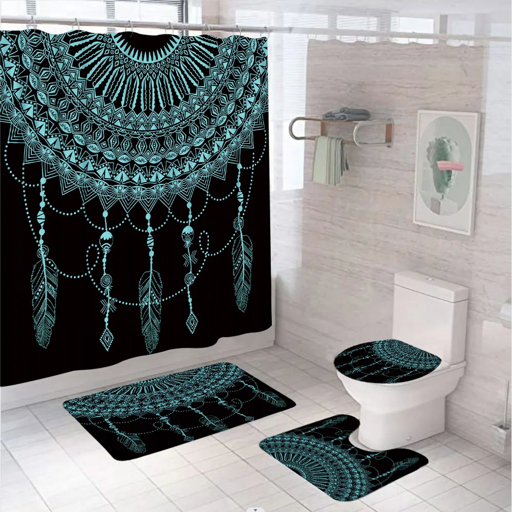 Dreamcatcher Bird Feather Shower Curtain Set Bohemia Mandala Bath Screen Bathroom Decor Colorful Fabric Curtains Toilet Rug Mat