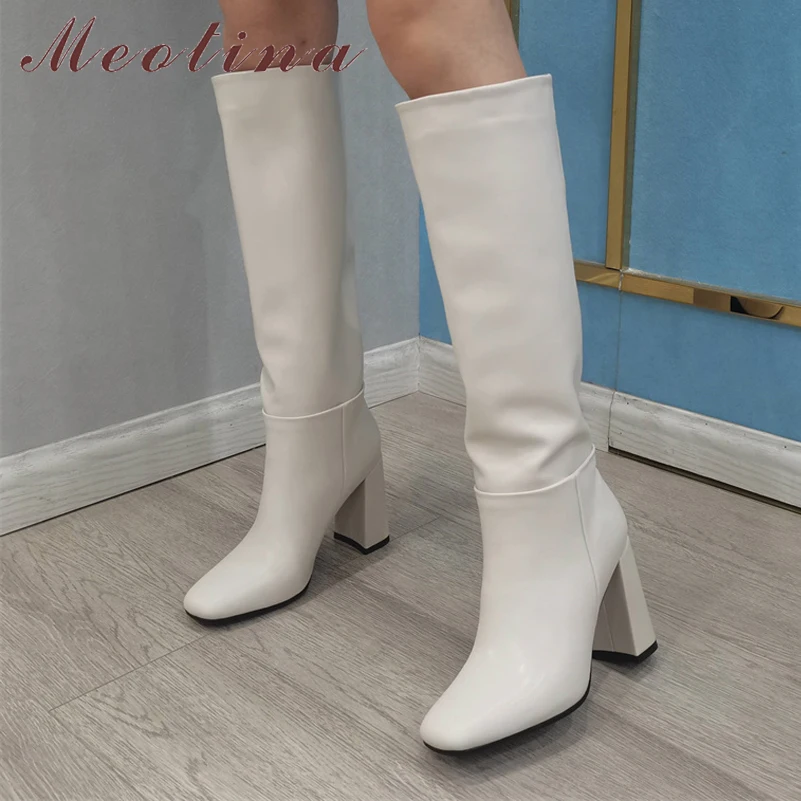 

Женские Плиссированные сапоги до колена Meotina, высокие сапоги из натуральной кожи, с квадратным носком, на высоком блочном каблуке, Осень-зима 43