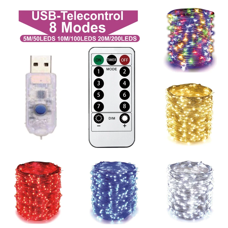 

Led String Light 5/10M/20M 50/100/200LED USB 8Mode Remote Control Lights Fairy garlands Wedding Christmas Holiday Decor lamps