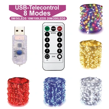 LED 스트링 조명, 요정 화환, 결혼식, 크리스마스, 휴일 장식 램프, 5, 10m, 20m, 50, 100, 200LED, USB 8 가지 모드 리모컨 조명