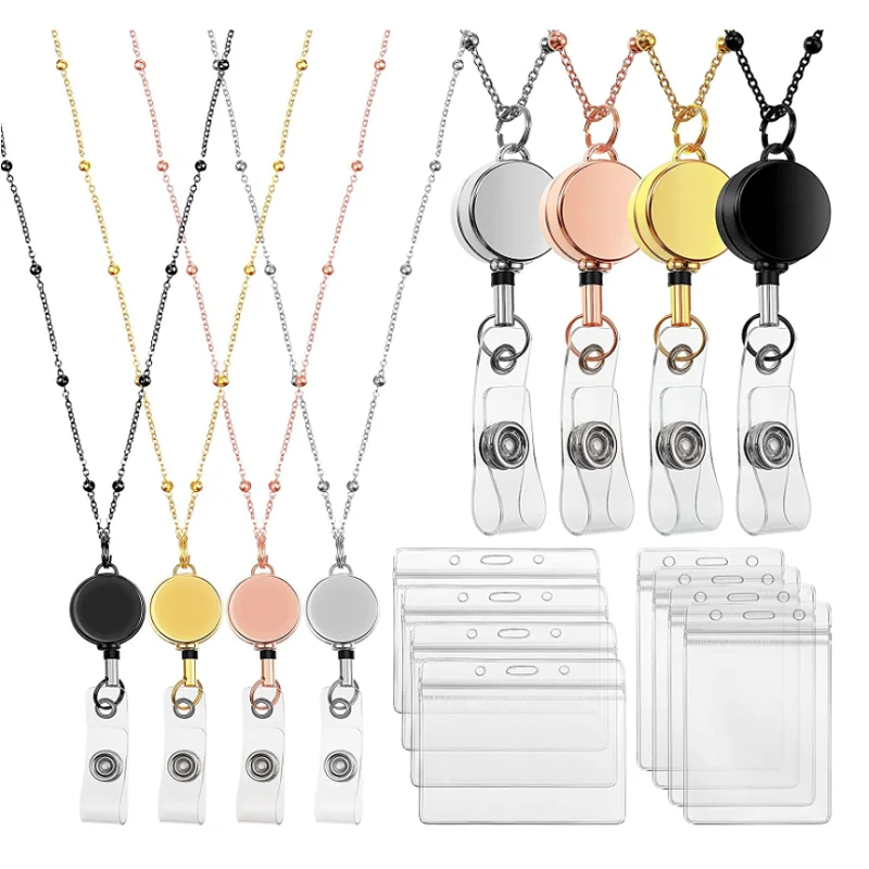 Retractable Badge Reel Lanyard Id Card Holders Stainless Steel Chain Necklaces Keychain Clip For