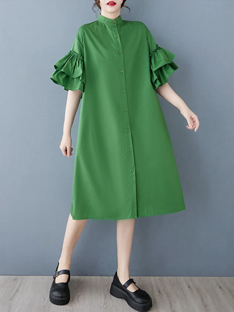 2025 Spring Summer New Green Vintage Shirt Dresses For Women Butterfly Sleeves Loose Casual Midi Dress Elegant Fashion Clothing