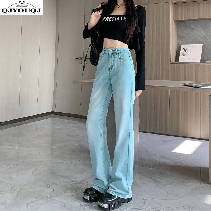 Jade Green High Waisted Straight Leg Women's Jeans 2024 Spring/summer Fashion Korean Slim Fit Wide Leg Pants