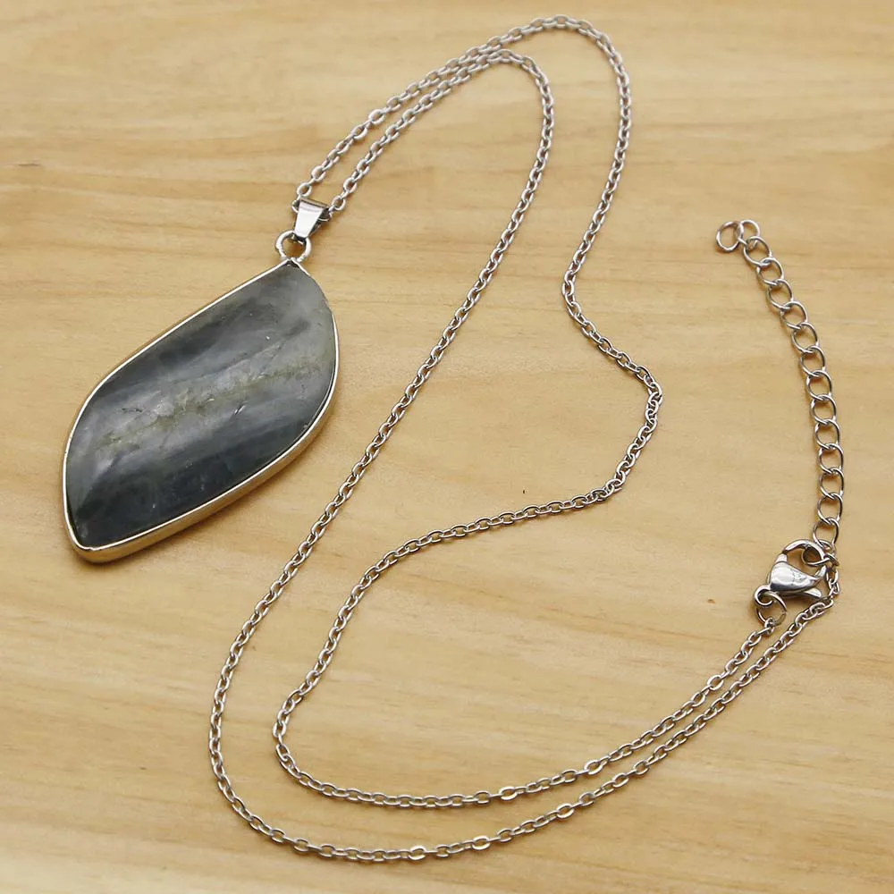 Natural Labradorite Stone Silver Edge Irregular Pendant Stainless Steel Chain Necklace Charms Jewelry Accessories Wholesale 6Pcs