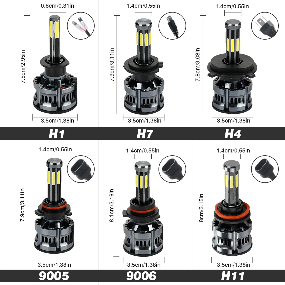 OKEEN 2pcs High Power Canbus 200W Auto Lamp H1 LED H7 H8 H9 9005 9006 H11 H13 9007 9008 Led Headlight Bulbs H4 8Sides Car Light