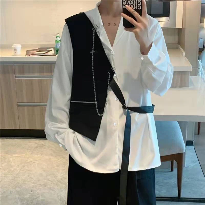 Spring Autumn 3 Piece Suit Set Harajuku BF Loose Ribbon Chian White Blouse+Vest+Chian Cargo Pants Unisex Streetwear Cargo Pants