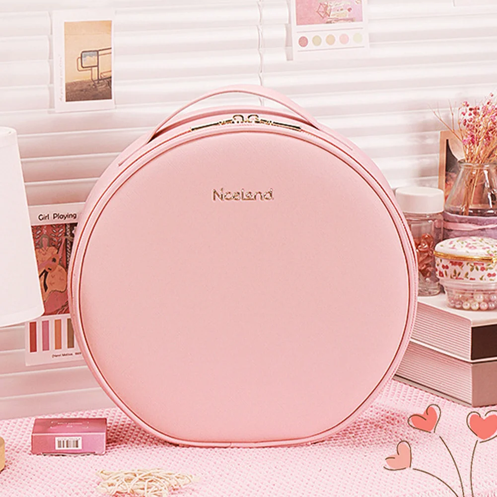 Circular Cosmetic Storage Box Vanity Mirror With Light Portable Large Capacity Cosmetic Bag Ladies Wash Bag 3
