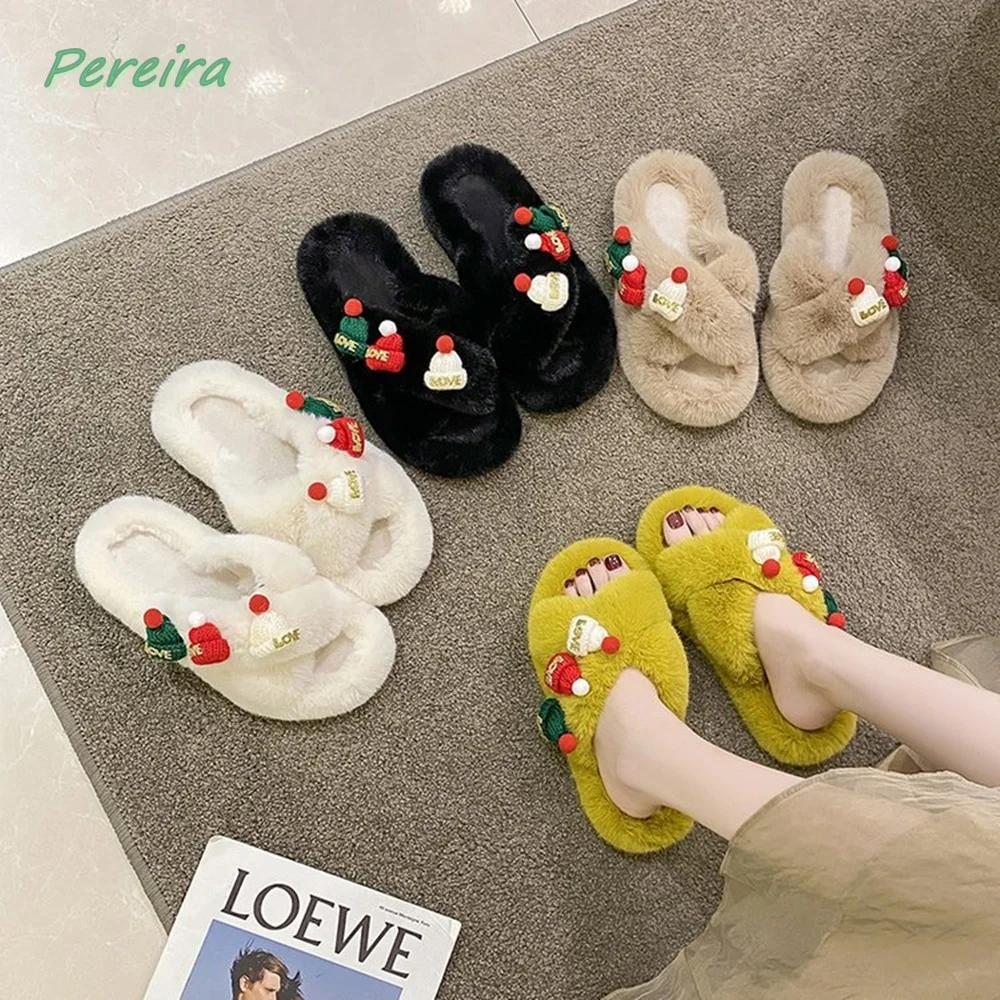 

Furry Suede Cotton Slippers Autumn Women's New Arrival Santa Hat Slip-on Round Toe Fashion Confortable Simple Sequins Flat Shoes