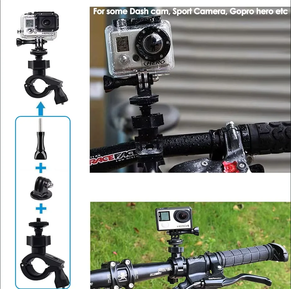 Support de guidon vélo avec caméra action 360 fixée, démonstration de la polyvalence du support