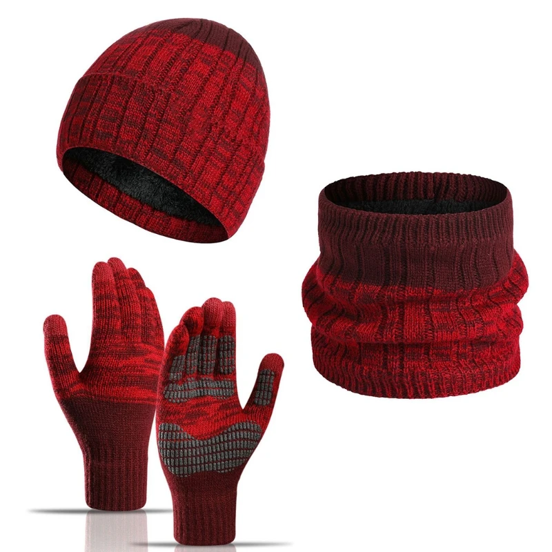 

Unisex Winter 3Pcs Knitted Beanie Hat Scarf Non-Slip for Touch Screen Gloves Set Thermal Plush Lined Skull Neck Warm