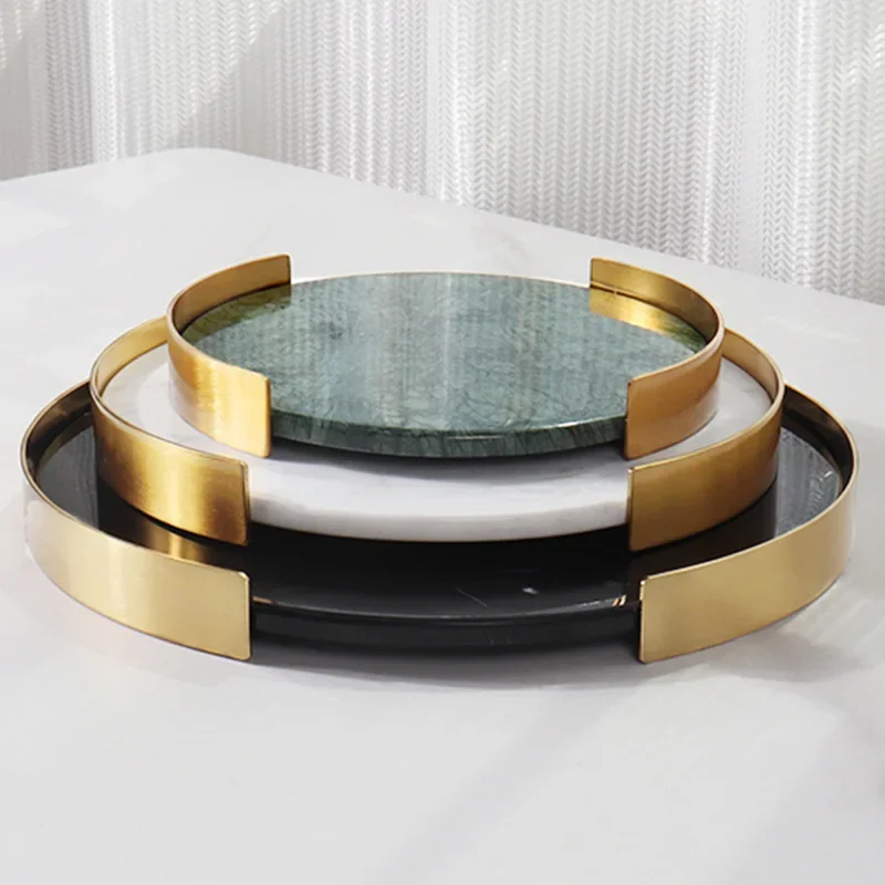 Modern Minimalist Natural Marble Metal Frame Circular Stone Tray Creative Home Tabletop Sink Bathroom Storage Tray 4