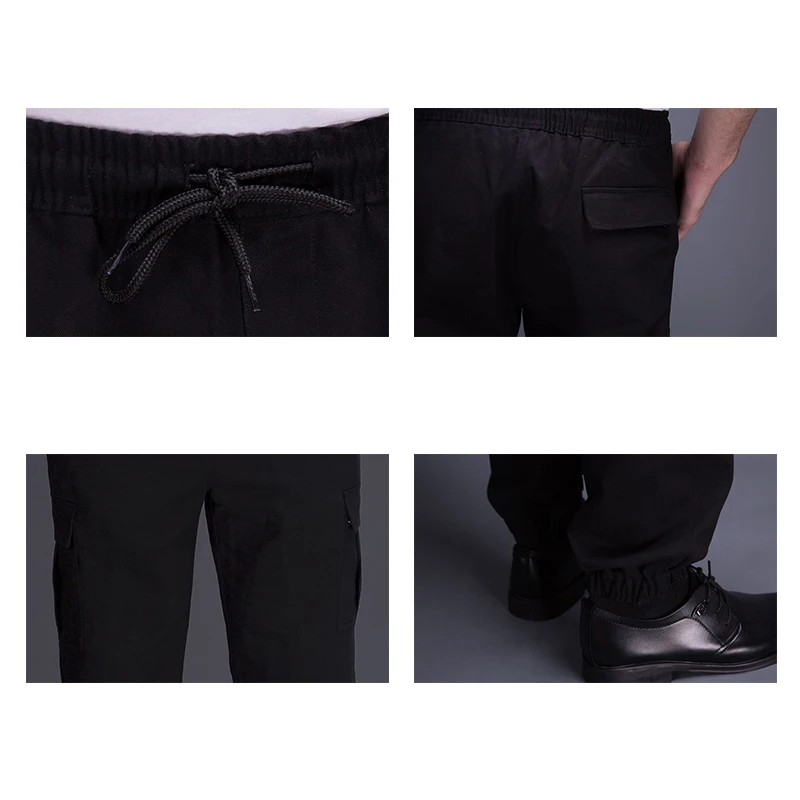 Military Style Chef Pants Restaurant Kitchen Cook Trouser Men Black Elastic Waist Bottoms Catering Work Pants Multiple Pockets