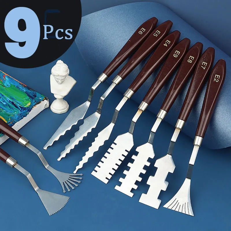 9Pcs Painting Knives Stainless Steel Palette Knife Set With Wood Grip Handle Oil Painting Mixing Scraper Paint Tool for Artist 1 set rectangular stainless steel palette with paint mixing knife makeup artist palette for acrylic watercolor oil paints לציור