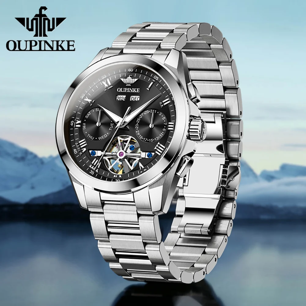 OUPINKE 3281 Watch For Men Deep Waterproof Hollow Skeleton Man Mechanical Watch Roman Scale Auto Date Original Dress Wristwatch