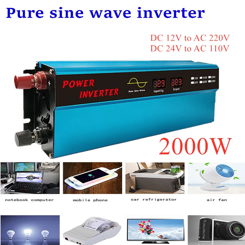 Dc 12V To Ac /220V 2000W Pure Sine Wave Inverter Voltage Transformer Power Converter Car Inverter Lcd Display For Car Boat Phone