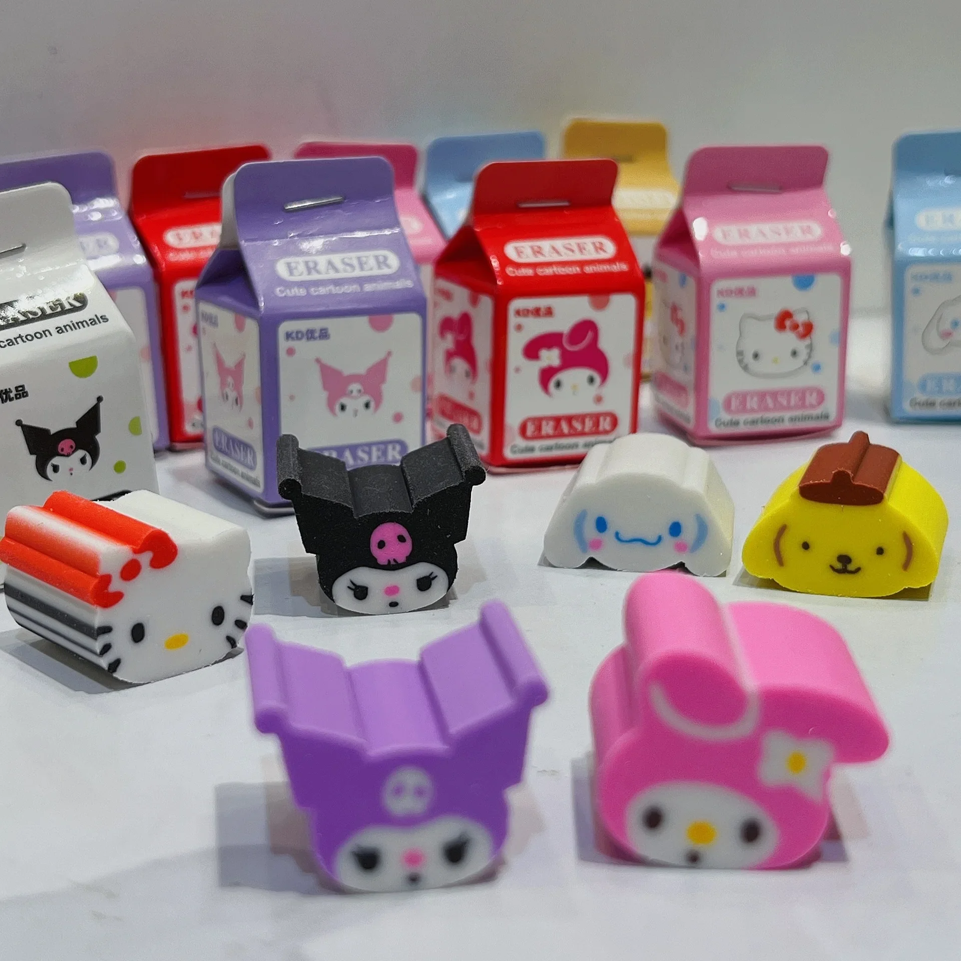 36pcs 고무 지우개 애니메이션 헬로 키티 멜로디 Kuromi Cinnamoroll 학생 문구 지우개 어린이 Sanrio 학교 용품 도매