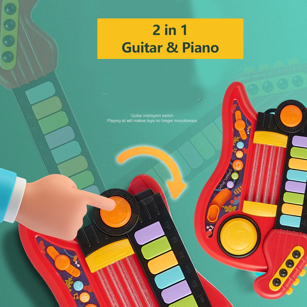 Kids Guitar Toy 2 In 1 Folding Musical Instrument Electronic Piano Brain-Training Educational Toys Birthday Gift for Girl Boy 3