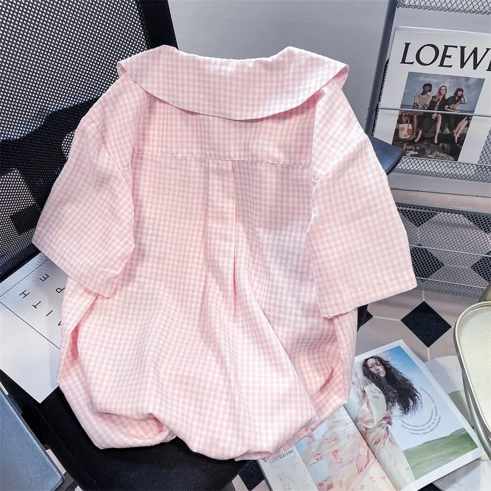 Plus Size 5XL 150KG Summer Plaid Shirt Lace Peter Pan Collar Large Women Top Women Short sleeve Embroidery Shirt Big Women Top