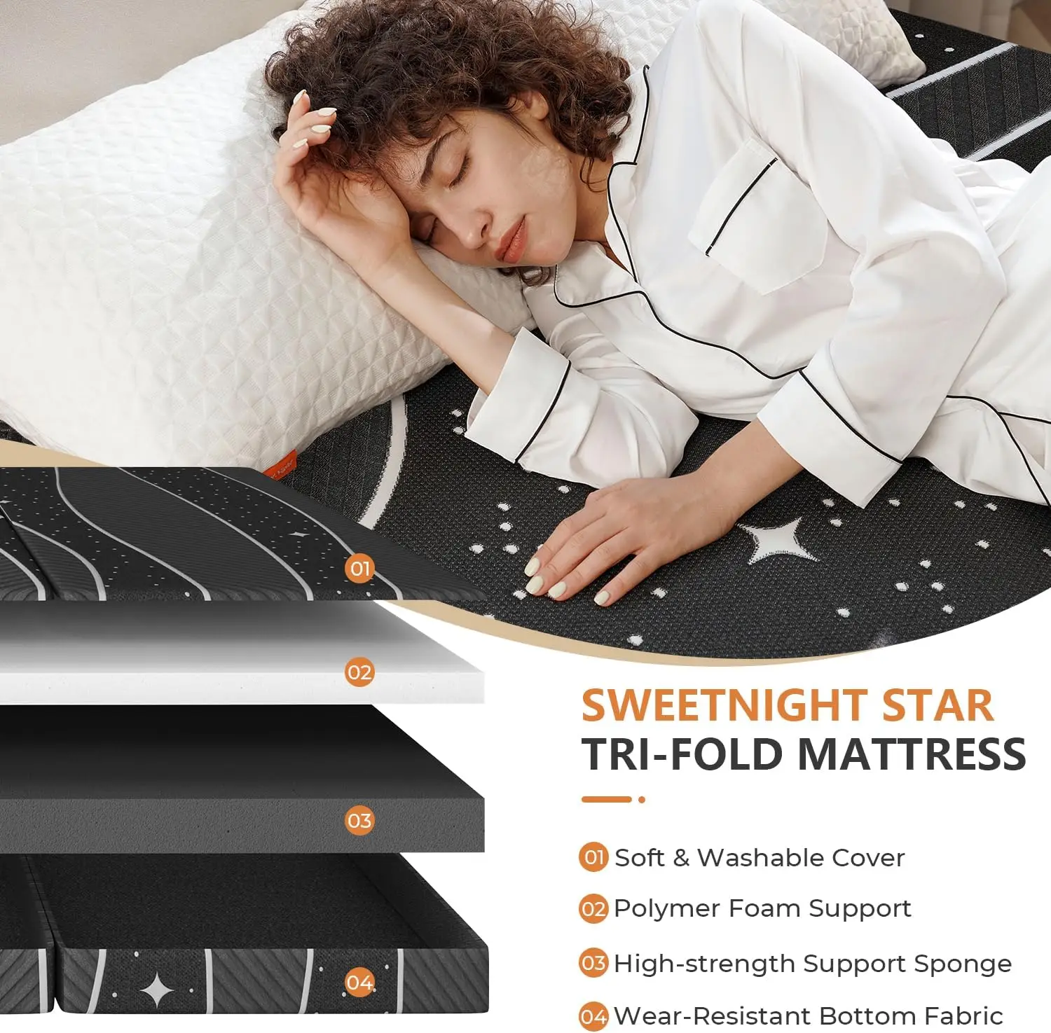 Tri-Fold Mattress. 4" Dual-Layer Foam. Removable 500G Superfine Fiber Cover. Suitable for Camping, RV, Home. Twin XL.