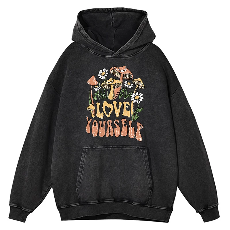 thumbnail image 1 of Sudadera con capucha informal de gran tamaño 100 % algodón para hombre, ropa para hombre, estilo retro, desgastado, con estampado de flores y setas en flor, Love Yourself, 1 of 5