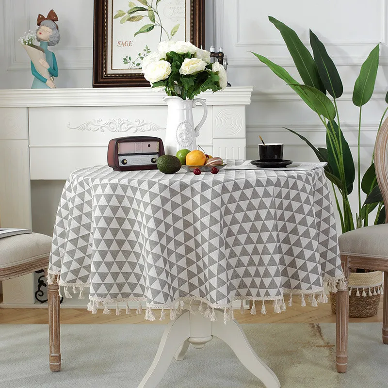 

Tassel Round Tablecloth Plaid Decorative Linen Tablecloth Waterproof and Oil-proofThickened Wedding Table Mat Tea Table Cloth