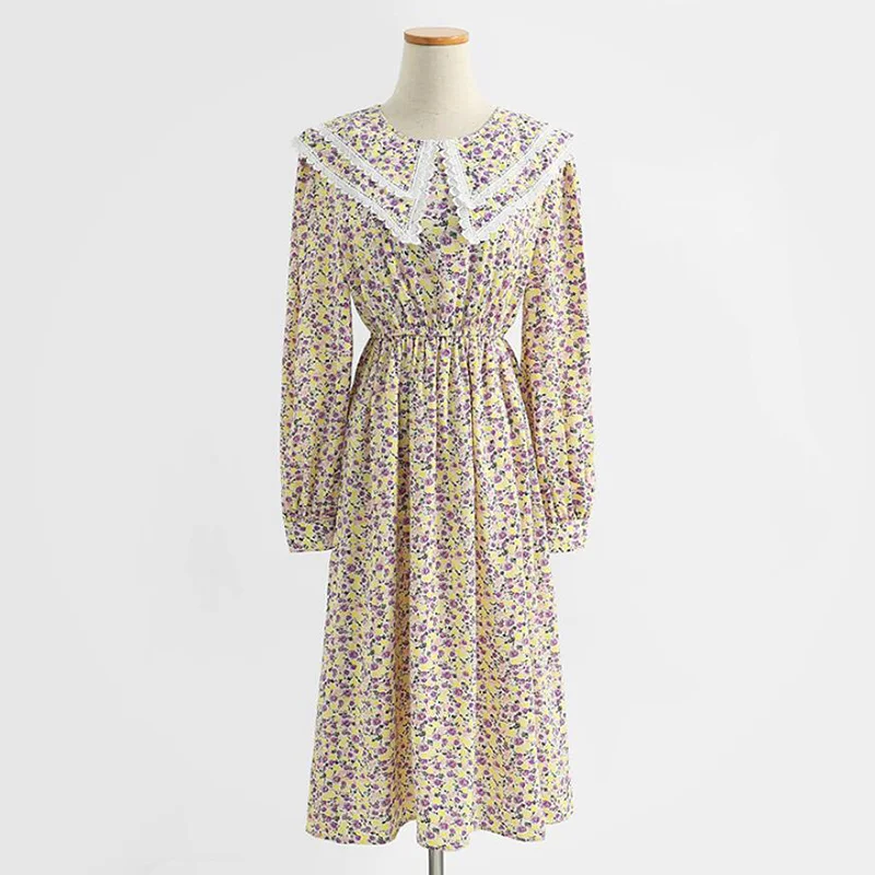 

Fashion Long Sleeve Chiffon Dress Women's Autumn Doll collar Vintage Midi Dresses Preppy style Female Slim Party Robe Vestido