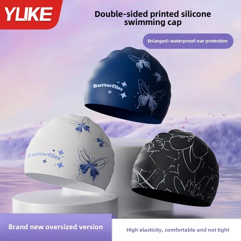 Double-Sided Print Silicone Swimming Cap for Women Anti-Chlorine Waterproof Non-Tightening Large Size Ear Protection Adult Men S