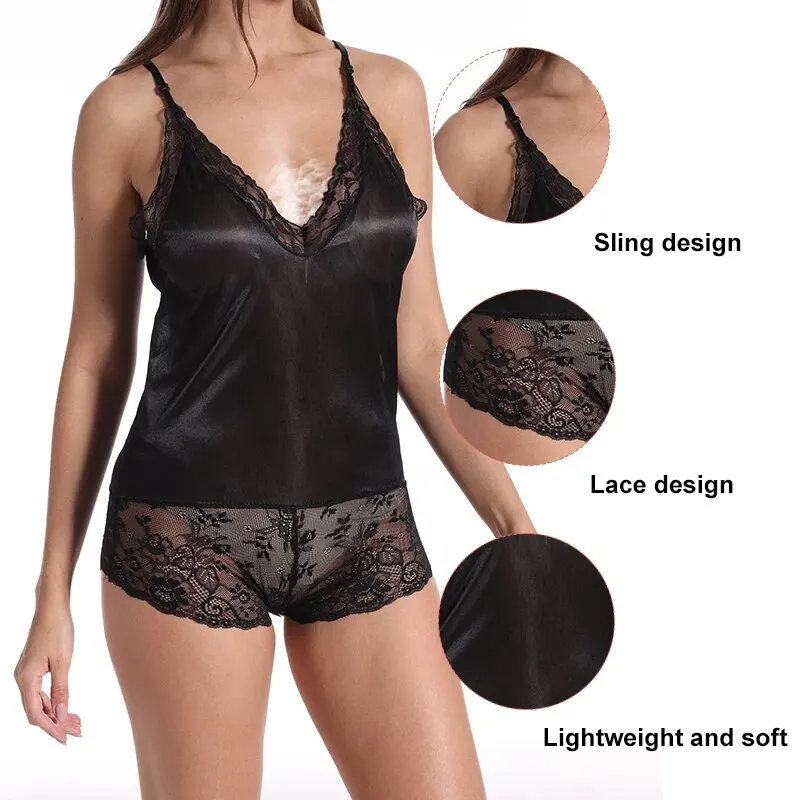 Summer Women's Sexy Low Cut V-Neck Lace Jumpsuit Women's Camisole V-Neck Lace Patchwork Shorts Pajamas