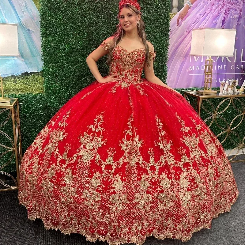 ANGELSBRIDEP Red Gold Applique Lace Beading Quinceanera Dress Ball Gown Puffy Tulle Off the Shoulder Sweet 16 Dress Vestidos 15