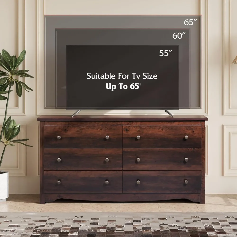 Wood Dresser with 6 Drawer, 59”Wide Chest of Drawers for Bedroom, Long Nightstand with Drawers, Modern Large Storage Tower Unit