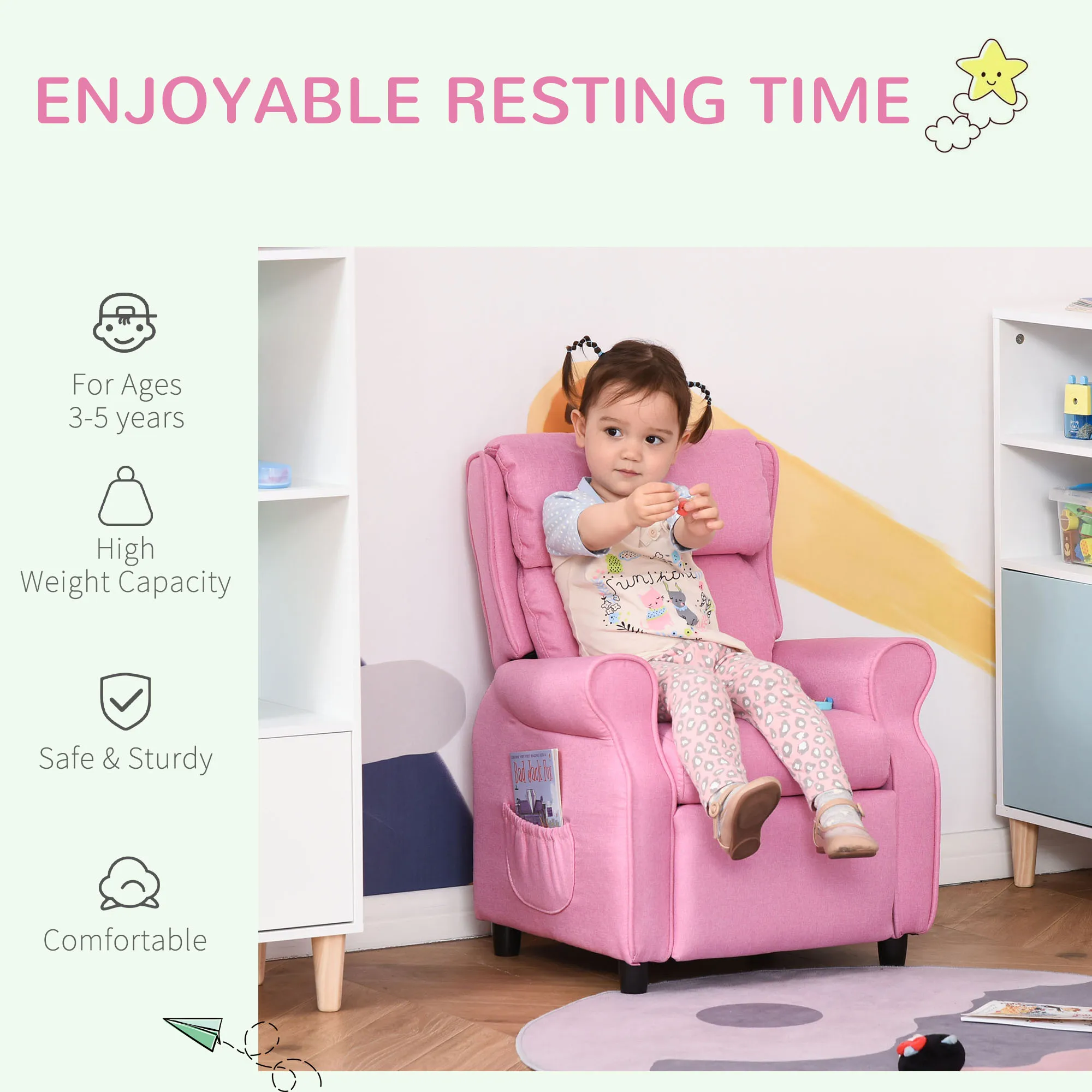 Kids Recliner Adjustable Armchair Sofa, Soft Sponge Cushion Accent Chair, Pink 4