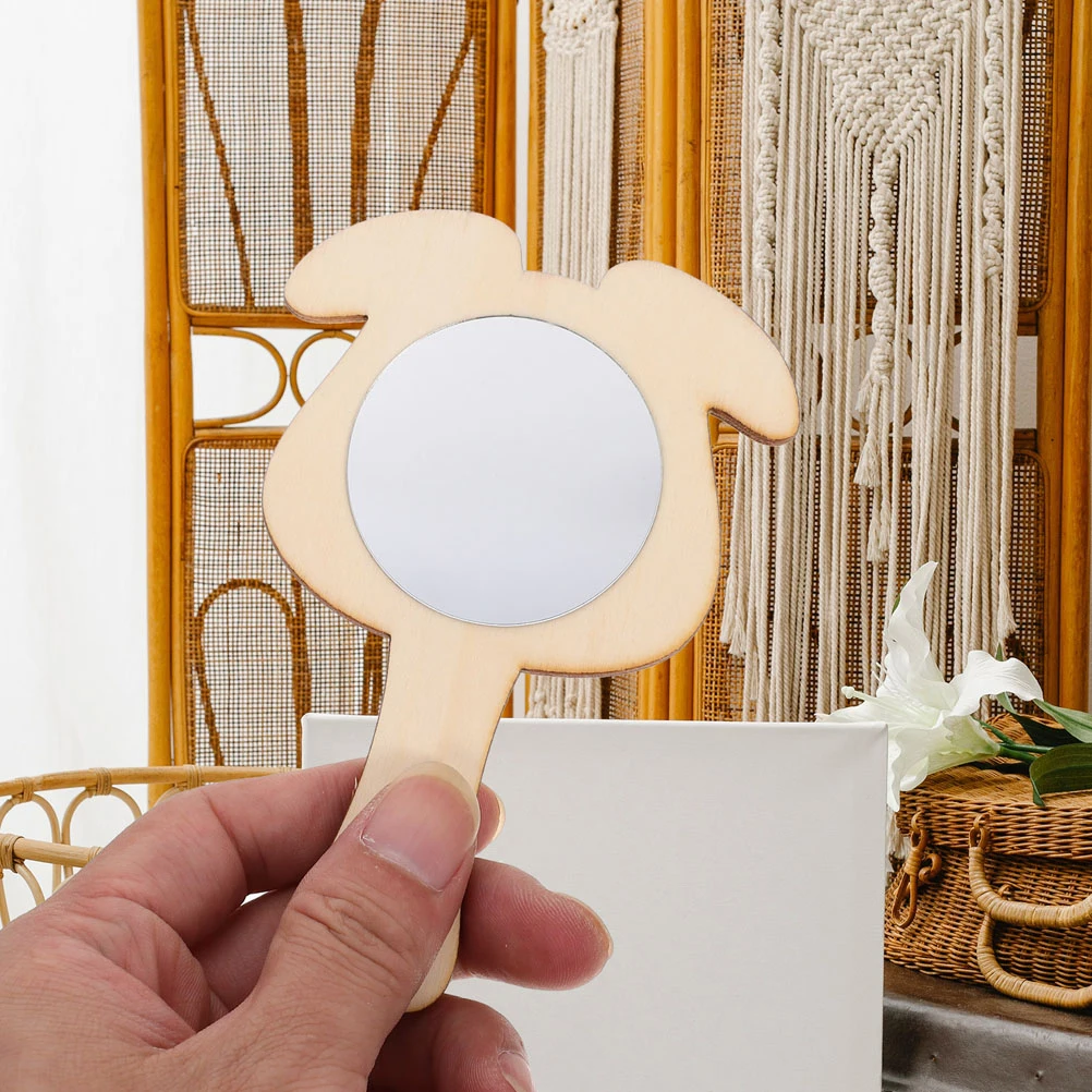 5pcs 도색되지 않은 휴대용 DIY 도색되지 않은 휴대용 공예 어린이 나무 거울 장난감 카키 마감 어린이 화장대 빈 거울
