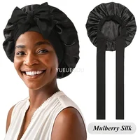 Bonnet de sommeil en soie de mûrier 100% pour cheveux bouclés, doublure en Satin réglable, large bande élastique, aucun dommage, Protection des cheveux de nuit 2