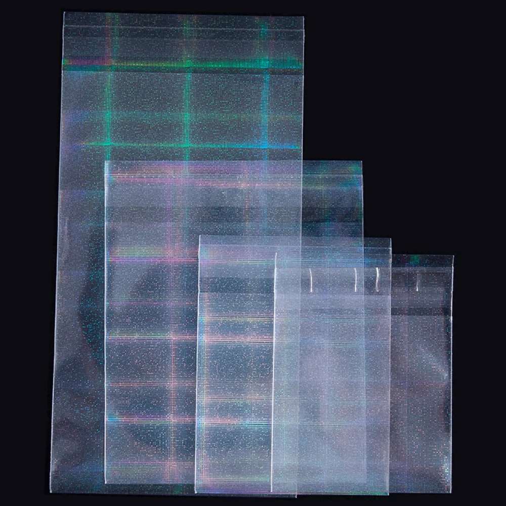 20/50pcs Holographic Laser Self-adhesive Bag Clear Plaid Pattern Flash Pouches for DIY Jewelry Package Badge Bags Card Sleeves 100 pcs label set clear adhesive pockets sticky card holders sleeves protector self pvc