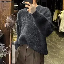 INCERUN Men's Sweaters 2023 Knitted Plush Lapel Long Sleeve Casual Pullovers Streetwear Solid Korean Color Fashion Men Clothing