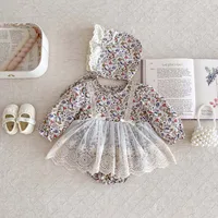Newborn Girl Romper  Lace Cut Out Floral Dress   Long Sleeved+ Hat Baby Girl Bodysuit Baby Clothes 0-24 Months 1