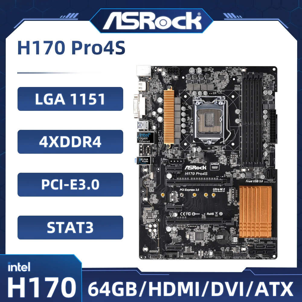 

intel H170 Motherboard ASRock H170 PRO4S LGA 1151 DDR4 64GB PCI-E 3.0 USB 3.1 M.2 ATX Supports 6th/7th Gen intel Core i5-6500