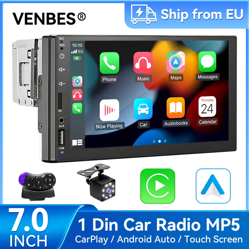 VENBES Radio para automóvil con CarPlay y Android Auto Pantalla táctil de 7 pulgadas 1 DIN compatible con cámara de respaldo Mirrorlink BT 5.0 1