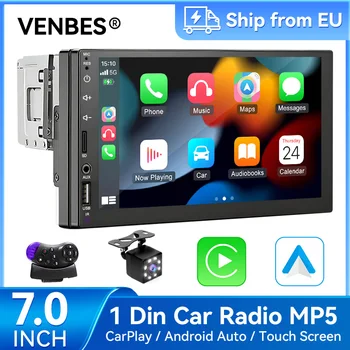 VENBES Radio para automóvil con CarPlay y Android Auto Pantalla táctil de 7 pulgadas 1 DIN compatible con cámara de respaldo Mirrorlink BT 5.0 1