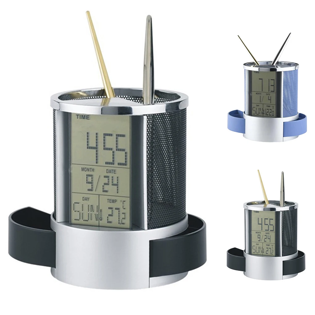 Multifunctional Mesh Pen Pencil Holder Digital LCD Office Desk ALarm Clock Time Temperature Calendar Function