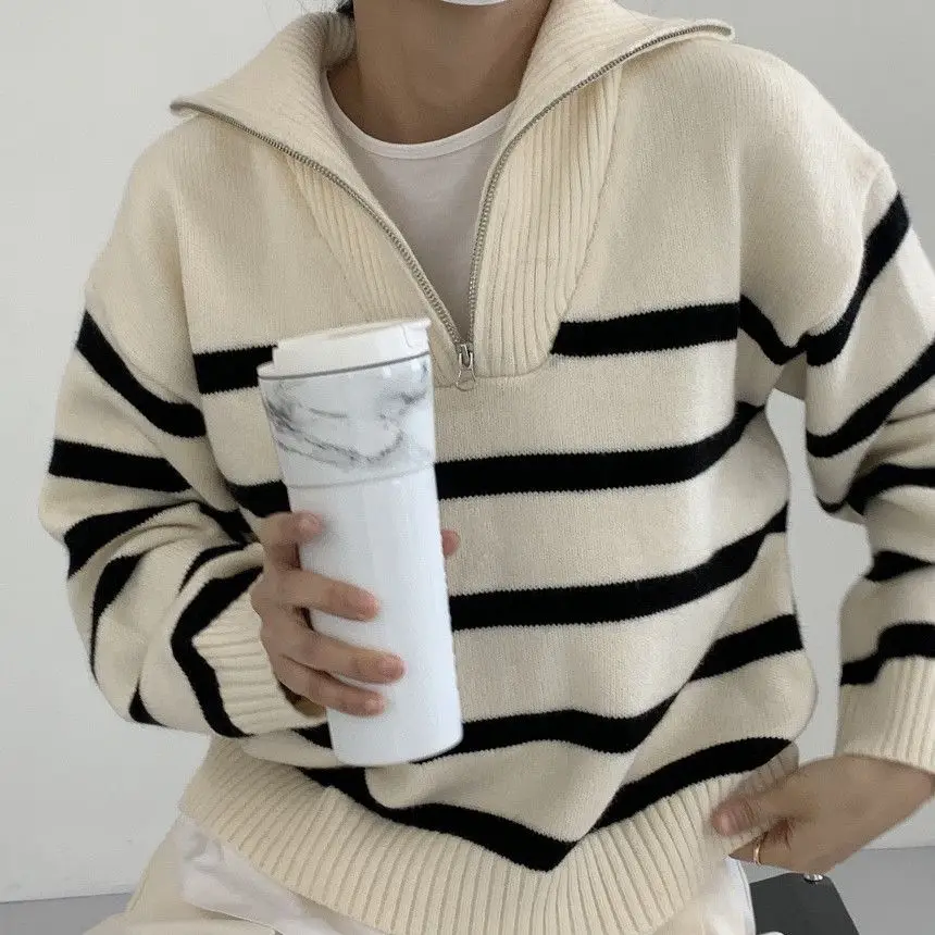 Women Sweater Oversize Zipper Knitted Pullover Long Sleeve Stripe Loose Ladies Sweaters Autumn Winter Women's Turtleneck