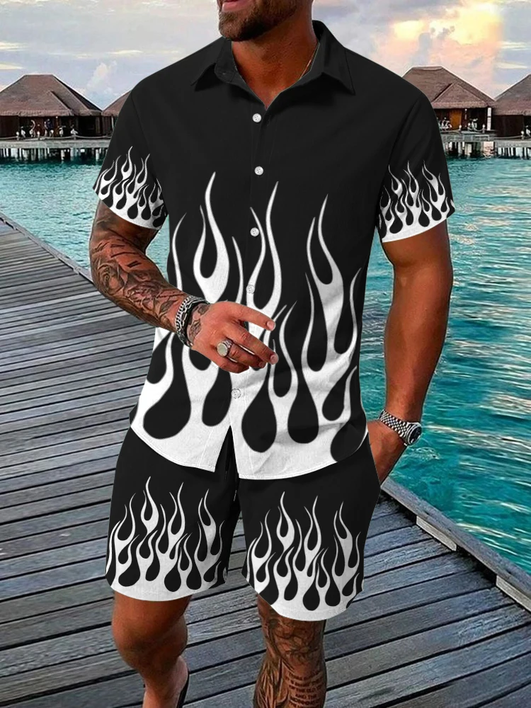 Men's Hawaiian Short Sleeve Shirt And Beach Shorts Set 3D Flame Print Beach Vacation Men Casual Shirt Summer Daily Sports Shorts 3