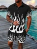 Men's Hawaiian Short Sleeve Shirt And Beach Shorts Set 3D Flame Print Beach Vacation Men Casual Shirt Summer Daily Sports Shorts 3