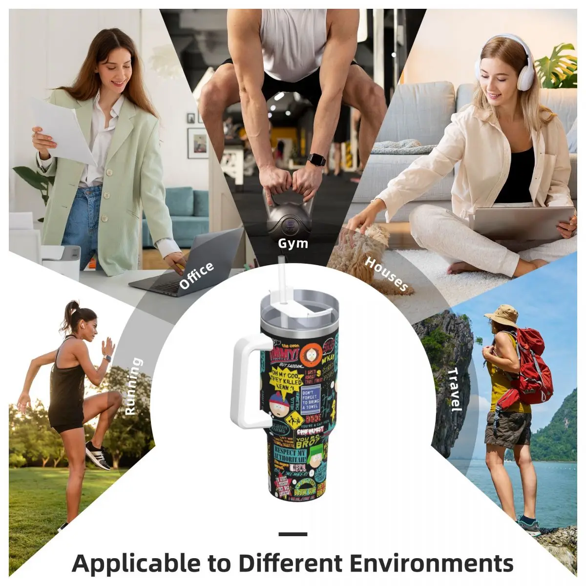 Stainless Steel Tumbler with South Park Quotes - Portable Hot & Cold Beverage Mug with Straw
