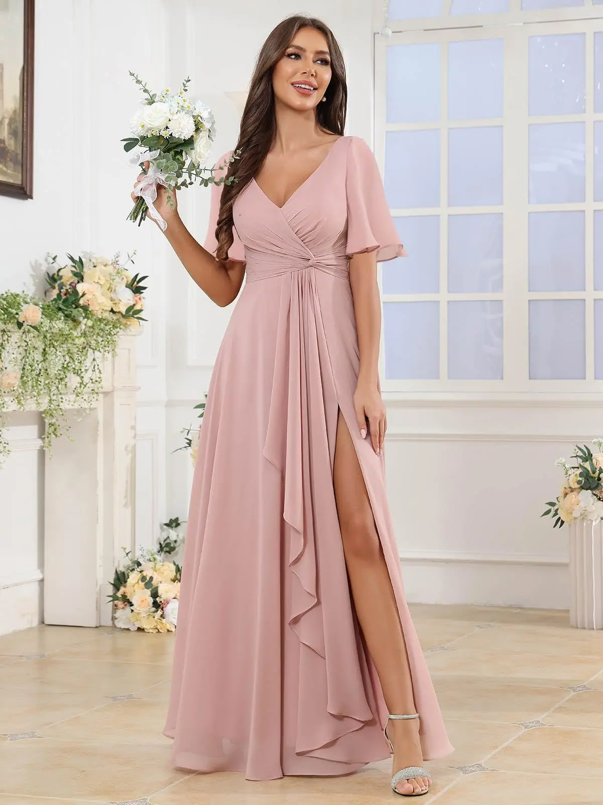 Elegant Chiffon Bridesmaid Dresses with Sleeves A Line Pleated Formal Evening Party Gown with Slit V Neck Wedding Party Dress - 4